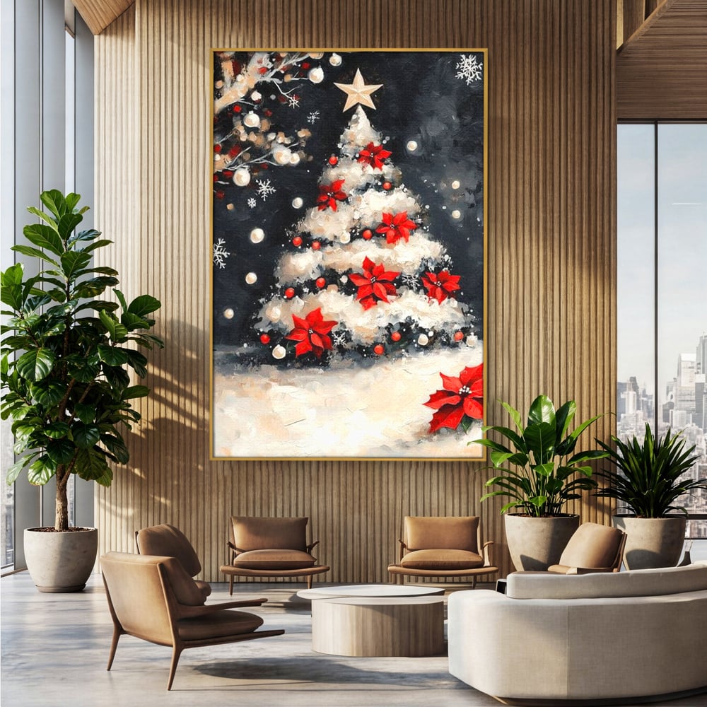 Tablou canvas cu tablou canvas cu brad de craciun pictat, in rama de aluminiu auriu, pe perete intr-un birou